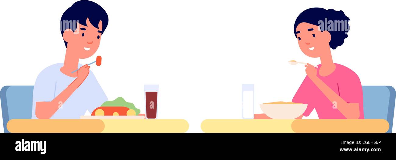 Kinder essen. Gesunde Mahlzeit, essen Kinder Snack und trinken am Tisch. Cartoon junge Mädchen Kindergarten Frühstück, Kind Mittagessen Vektor Illustration Stock Vektor