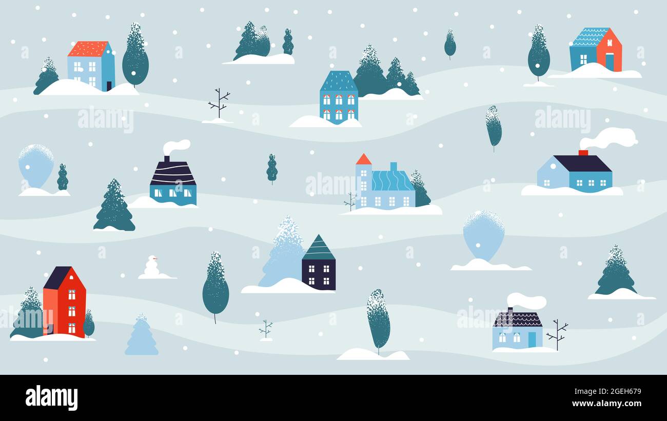 Winter verschneite Landschaft. Weihnachtshaus minimalen Hintergrund, Land oder niedlichen Dorf im Wald. Flache Straße kaltes Wetter und Schnee Stock Vektor