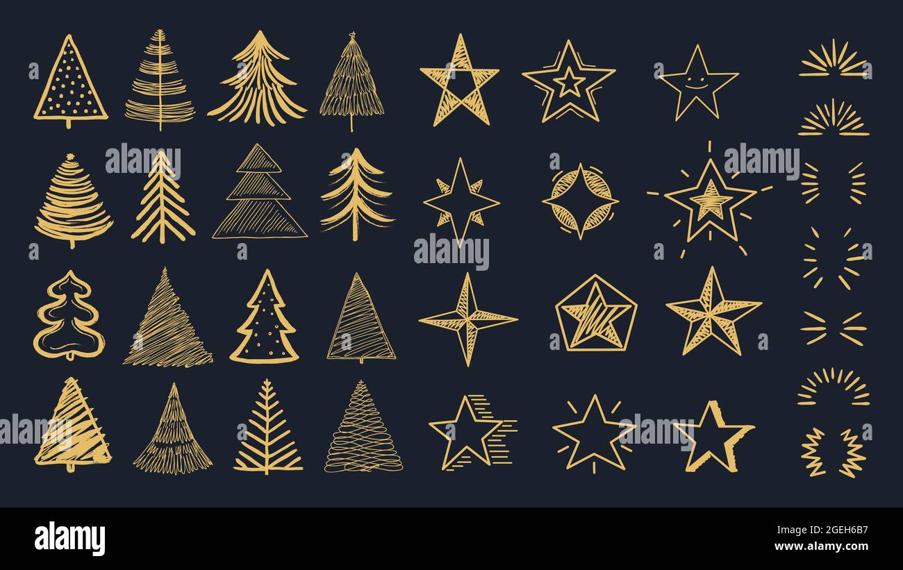 Weihnachts-Deko-Paket. Doodle Weihnachtsbaum, Sterne und platzen. Dekorative Urlaub Neujahr Vektor-Elemente für Karten, Hintergrund-Einladungen Stock Vektor