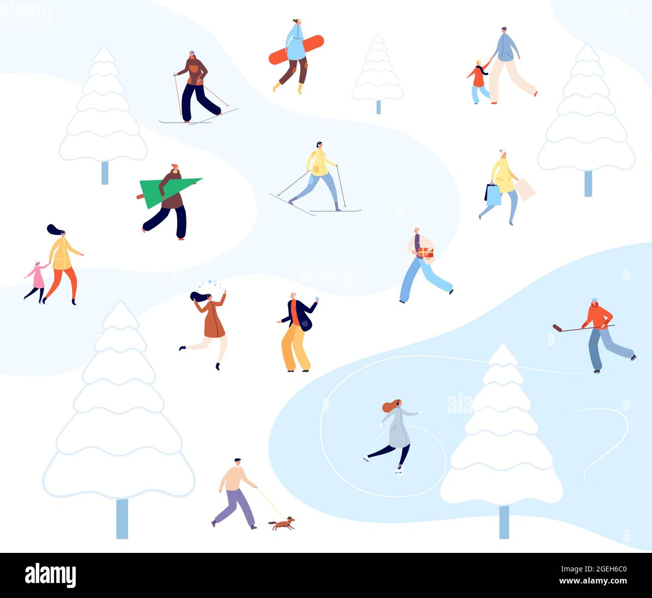 Menschen zu Fuß Winter Park. Cartoon Paare Aktivität, Person Skifahren in der Natur. Schneespaziergang, urbanes Schlittschuhlaufen auf Eis Vektorgrafik Stock Vektor