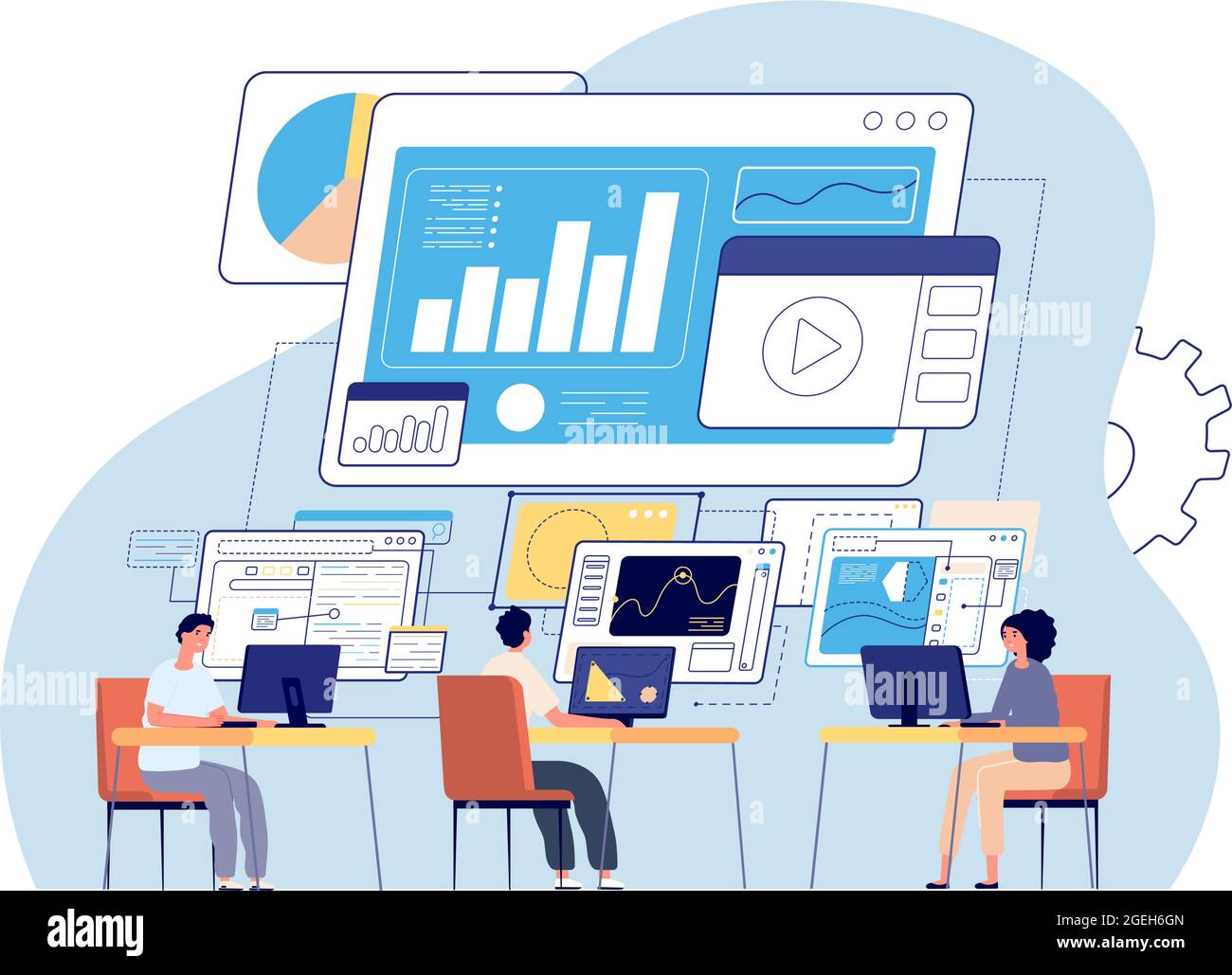 Visuelle Statistiken. Datenvisualisierung, kreative Büroleute und digitales Dashboard. Business-Technologie, arbeiten Programmierer Vektor-Konzept Stock Vektor