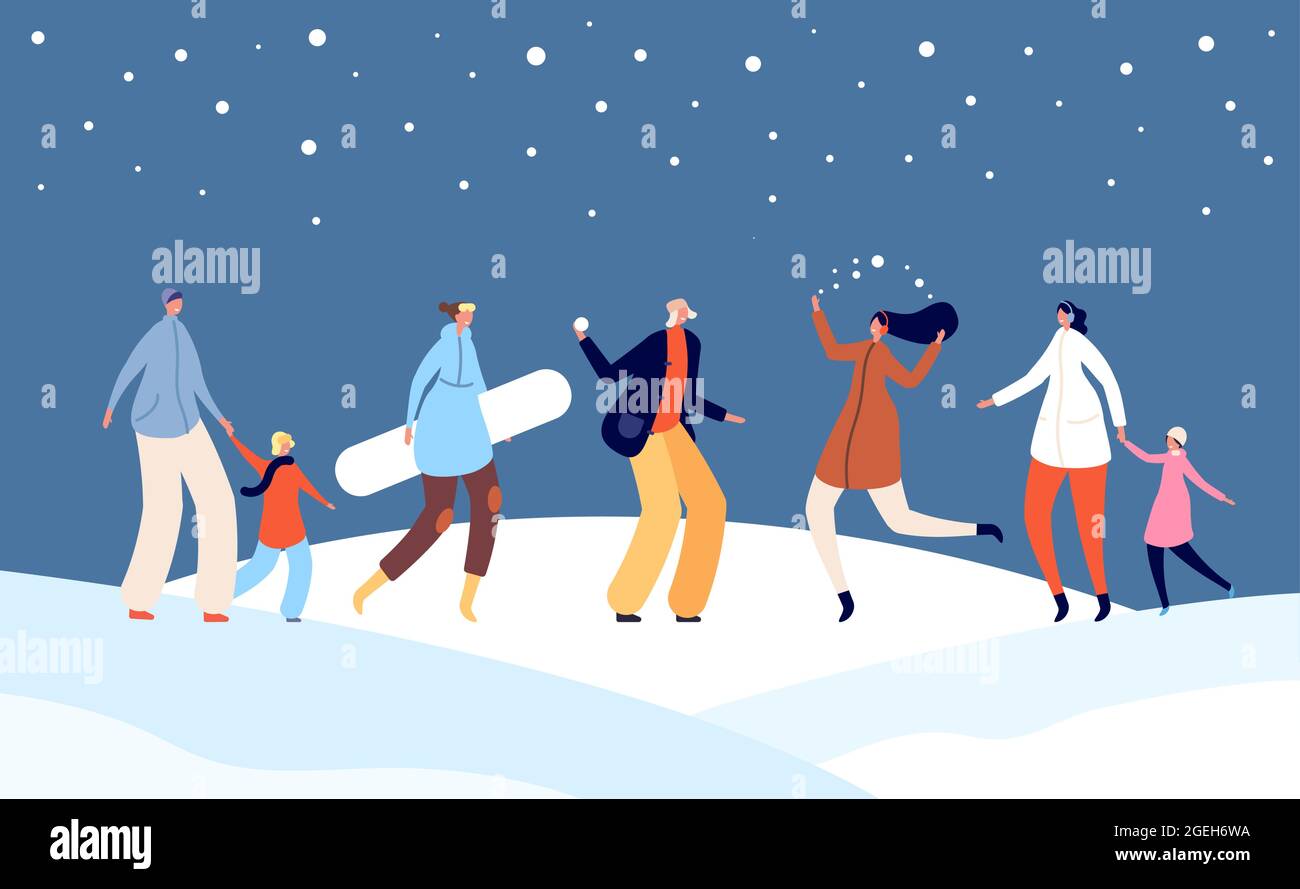 Festliche Menschen im Winter. Frohe Festtage, weihnachtsfamilie mit Kindern auf Snow City Street Illustration. Weihnachten Neujahr Crowd Vektor-Banner Stock Vektor