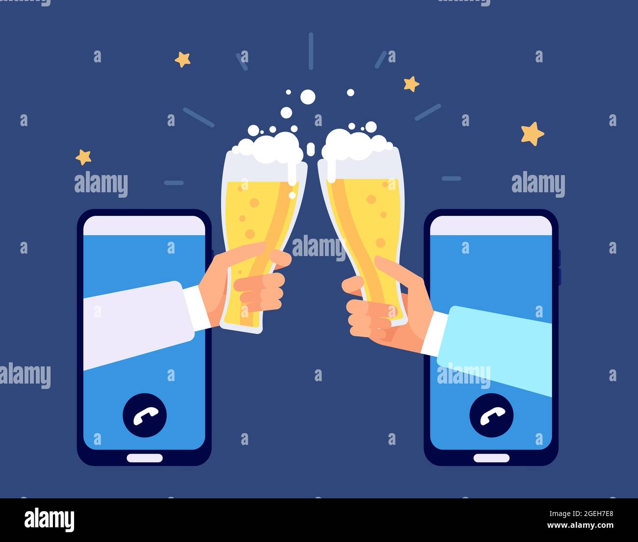 Online-Bierparty. Internet-Freundschaft, Freunde trinken mit dem Smartphone. Telefonparty, E-Bar Oktoberfest Distanz Festival Vektor-Illustration Stock Vektor