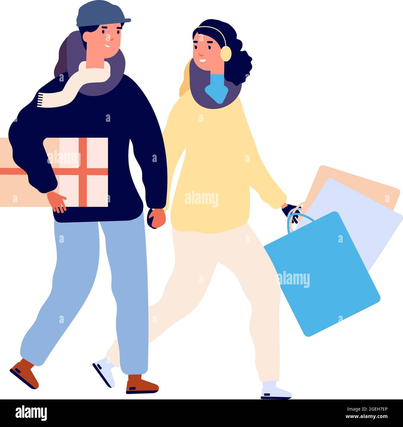 Weihnachtseinkäufe. Glückliches Paar kaufen Weihnachtsgeschenke. Isolierte Wohnung Frau Mann mit Taschen und Geschenk-Box, Familie zu Fuß von Mall Vektor-Illustration Stock Vektor