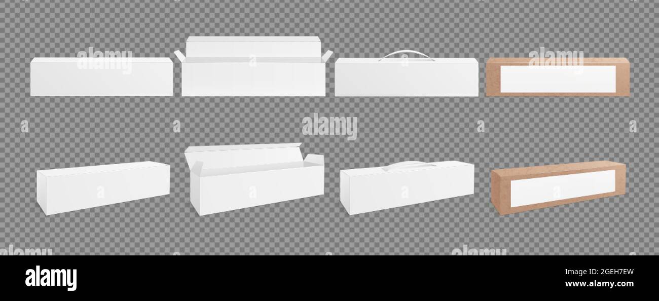 3D-Boxen-Modell. Karton leere Verpackung, weiß und Handwerk realistische Paket. Isoliert offen, geschlossen und mit Stiel-Vektorgrafik verpackt Stock Vektor