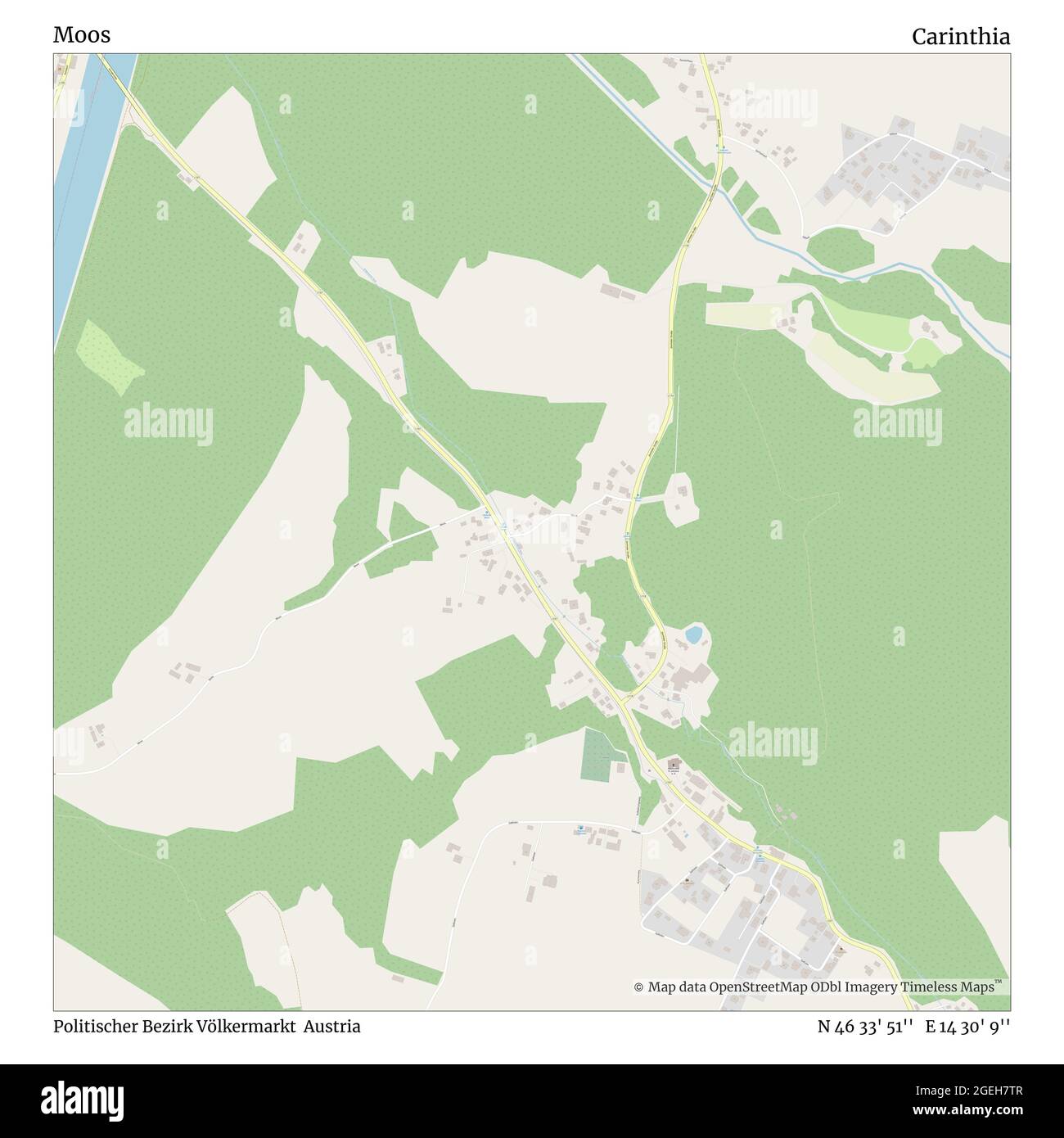 Moos, politischer Bezirk Völkermarkt, Österreich, Kärnten, N 46 33' 51'', E 14 30' 9'', Karte, Timeless Map veröffentlicht 2021. Reisende, Entdecker und Abenteurer wie Florence Nightingale, David Livingstone, Ernest Shackleton, Lewis and Clark und Sherlock Holmes haben sich bei der Planung von Reisen zu den entlegensten Ecken der Welt auf Karten verlassen.Timeless Maps kartiert die meisten Orte auf der Welt und zeigt die Verwirklichung großer Träume Stockfoto