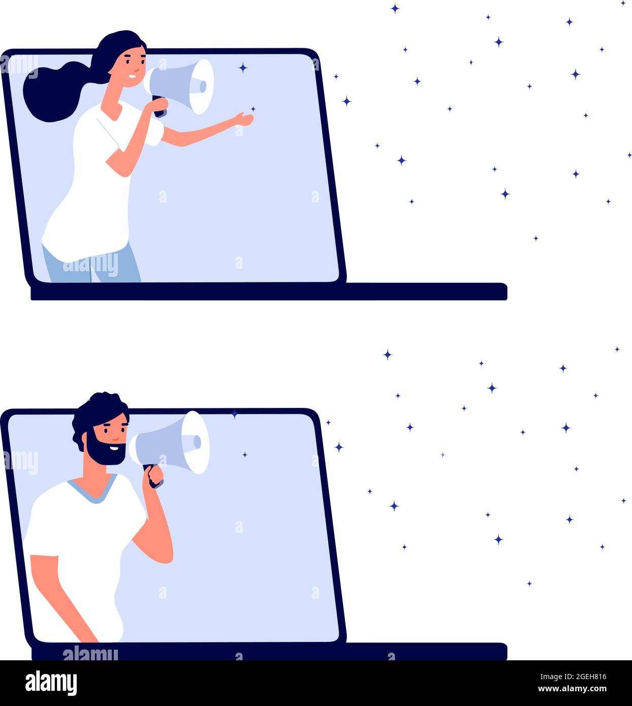 Werbefiguren. Online-Marketing-Kampagne, Mann Frau rufen in Megaphon. Rabatt- oder Treueprogramm fördern. Promotoren Holding Stock Vektor