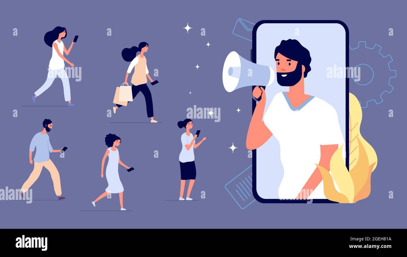 Einfluss des Marketings. Business Influencer, Mobile Blogger mit Megaphon und Fans. Flache Käufer, Strategie-Produktförderung oder Info-Anteil im Internet Stock Vektor