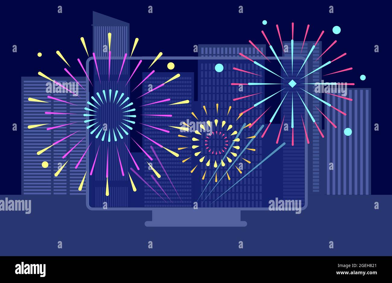Neujahr Stadtfeuerwerk. Online-Festival, Downtown Night Feuerwerk tv-Bildschirm. Gebäude Landschaften, asiatische Feier Broadcast-Vektor-Konzept Stock Vektor