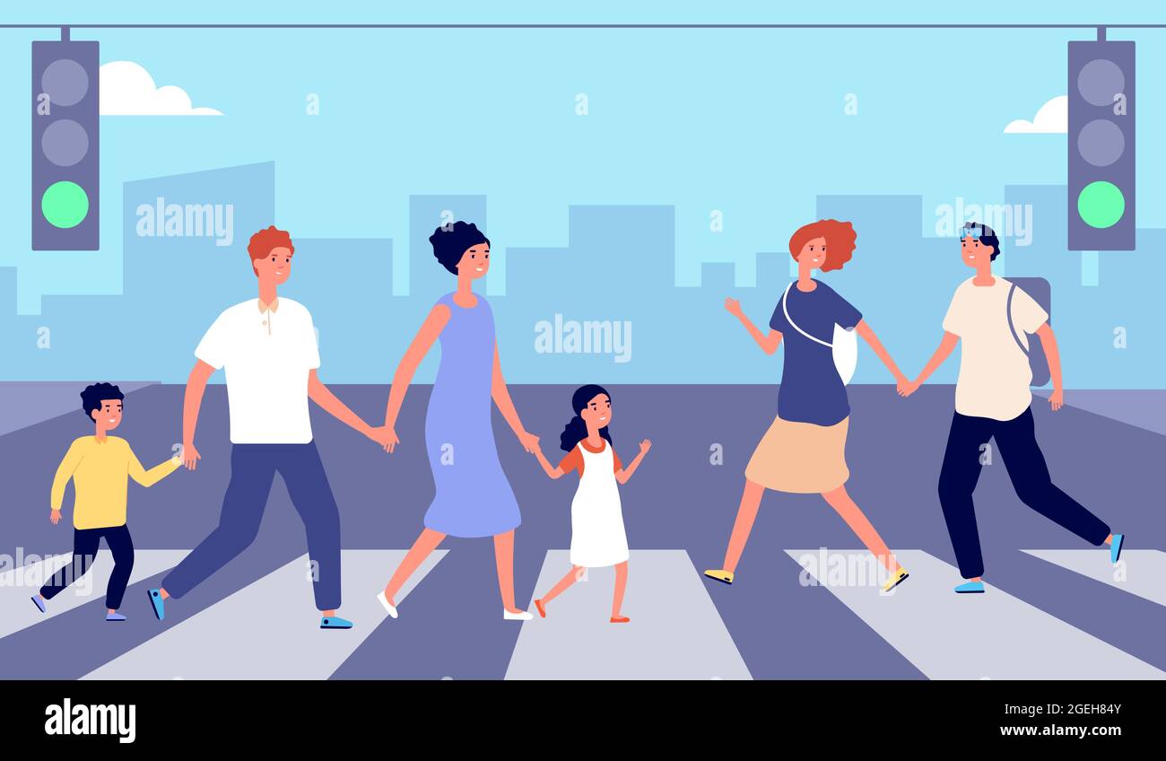 Menschen auf dem Fußgängerweg. Personenverkehr, Fußgängerzone Menschenmenge Stadtstraße. Mann Frau überqueren Straße auf grünes Licht, städtischen Lifestyle-Vektor-Illustration Stock Vektor