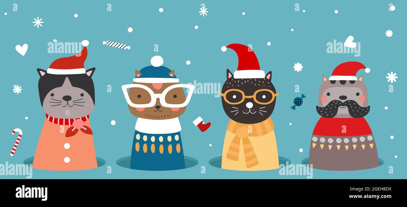 Weihnachtskatzen im Loch. Kätzchen in Winterkleidung, weihnachtsmütze und Schals. Cartoon Weihnachten Neujahrsgrüße Banner mit niedlichen Haustiere Schneeflocken Süßigkeiten Stock Vektor