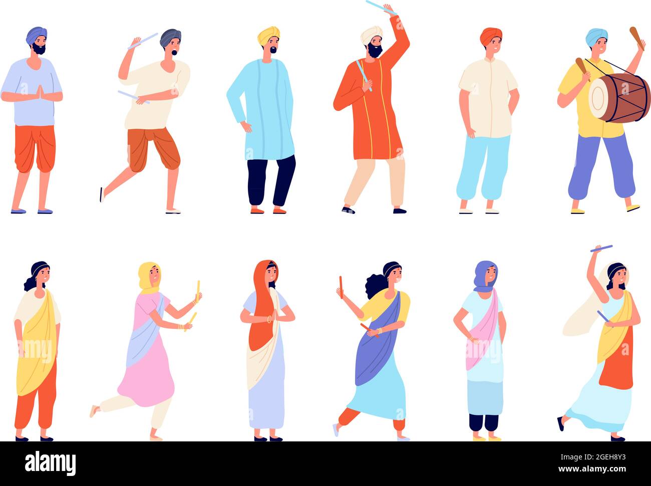 Indische Schriftzeichen. Männer kleiden, isolierte Menschen tragen traditionelle Kleidung. Glücklich asiatische Tänzerin und Straßenkünstler, indien Personen Gruppe Vektor-Set Stock Vektor