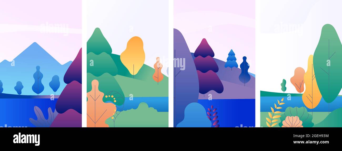 Karten für Naturlandschaften. Winter Sommer Frühling Banner, Wald und See minimal Stil Social Media Vektor-Vorlagen Stock Vektor