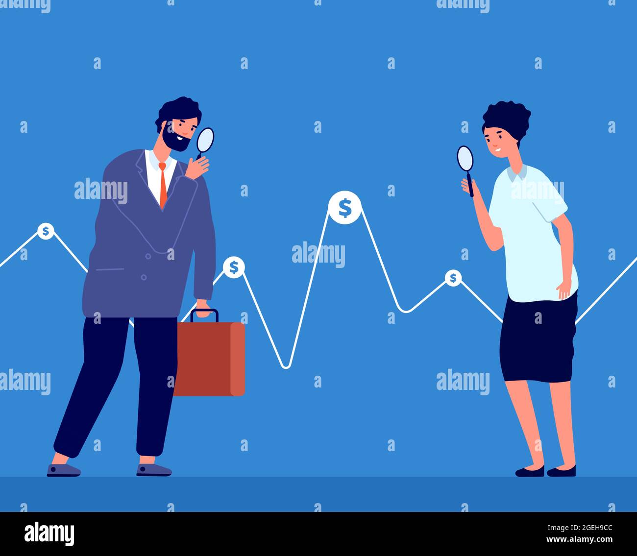 Investitionsmöglichkeit. Menschen kaufen Geld, Business-Investor beobachten Grafik. Vision von Finanzlösungen oder Vektorkonzept für Börsenhändler Stock Vektor
