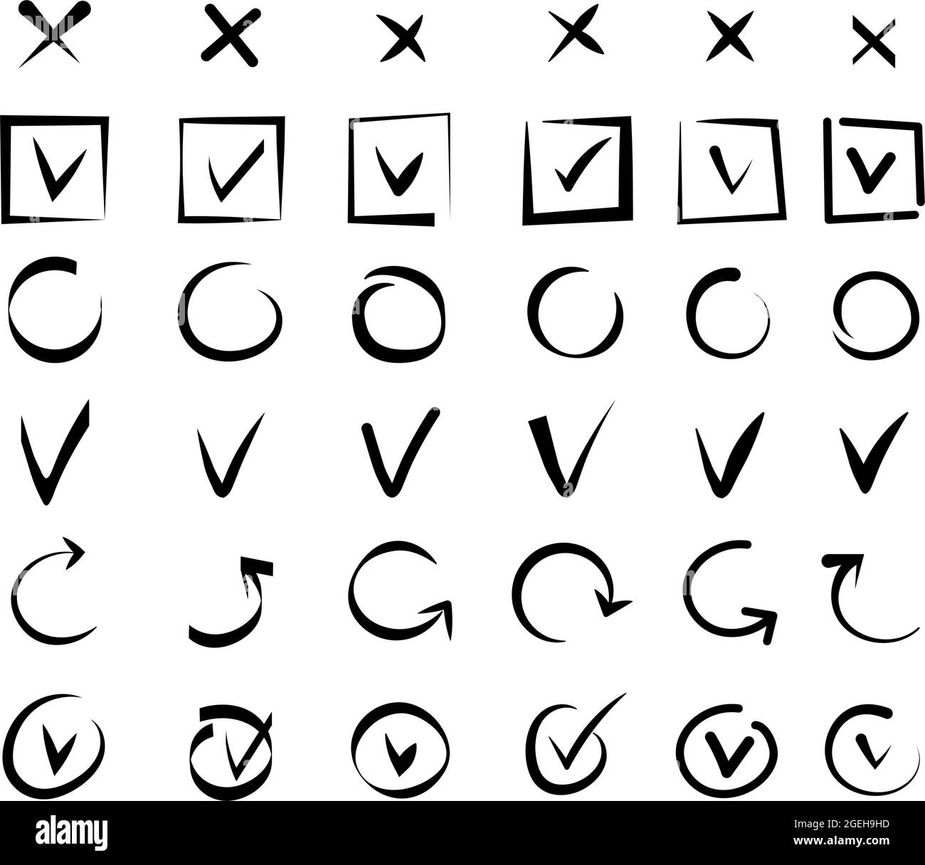 Handgezeichnete Markierungen. Checklisten-Schilder, Doodle-Marker-Zeichnung Häkchen. Isolierte Annahme von Stimmen und True, Cross und Correct Icons Vector Set Stock Vektor