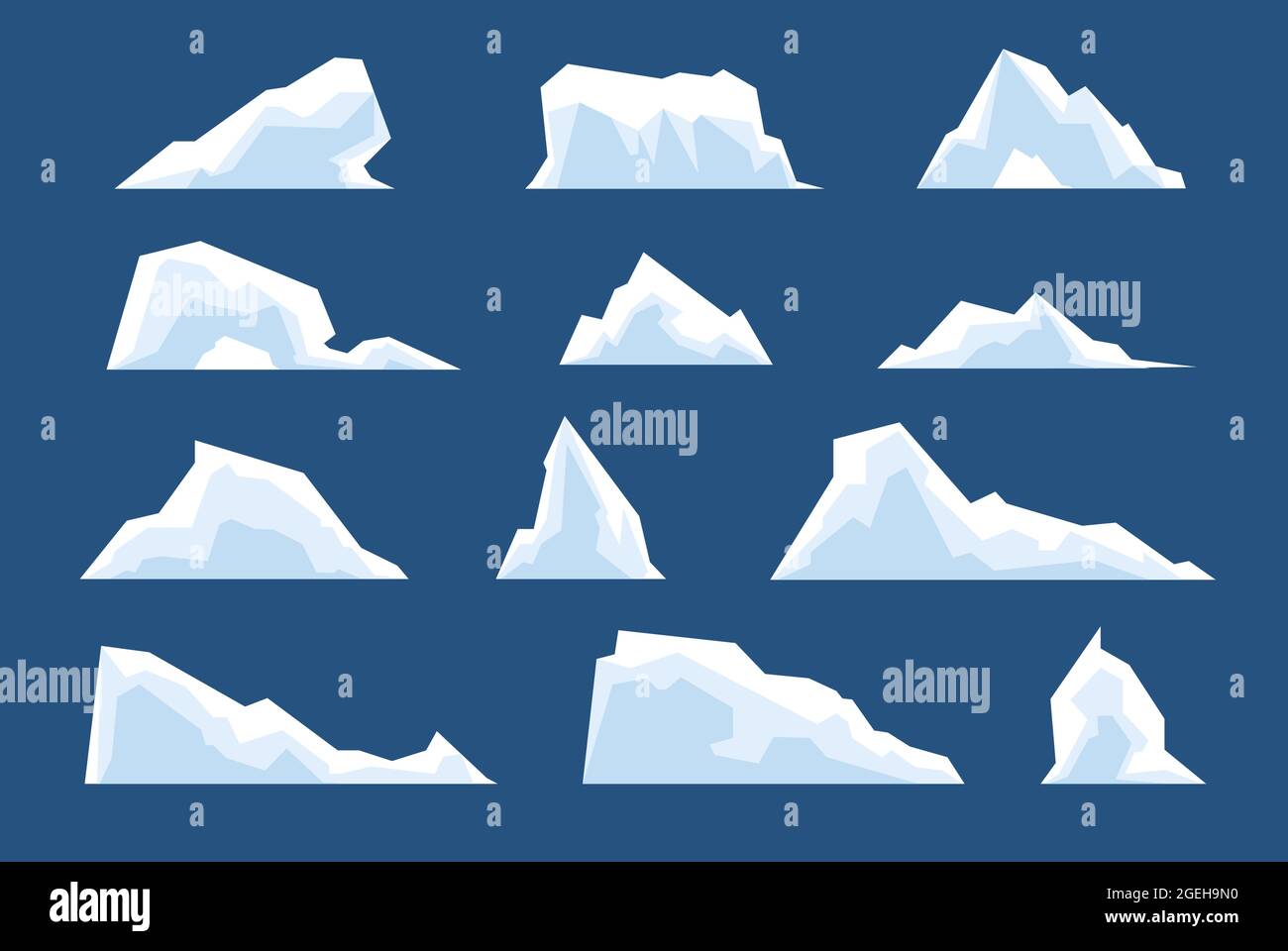 Schmelzende Eisberge. Schnee arktische Bergberge, Eis Nordpol kalte Naturelemente. Cartoon Winterlandschaft Gletscherfelsen, gefrorene Berg Vektor-Set Stock Vektor