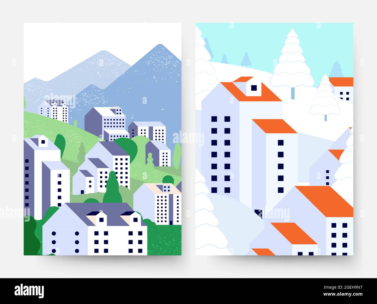 Sommer Winterlandschaft. Lifestyle-Karten für Vororte, minimalistische Gebäude und Natur in verschiedenen Jahreszeiten – Vektorflyer Stock Vektor