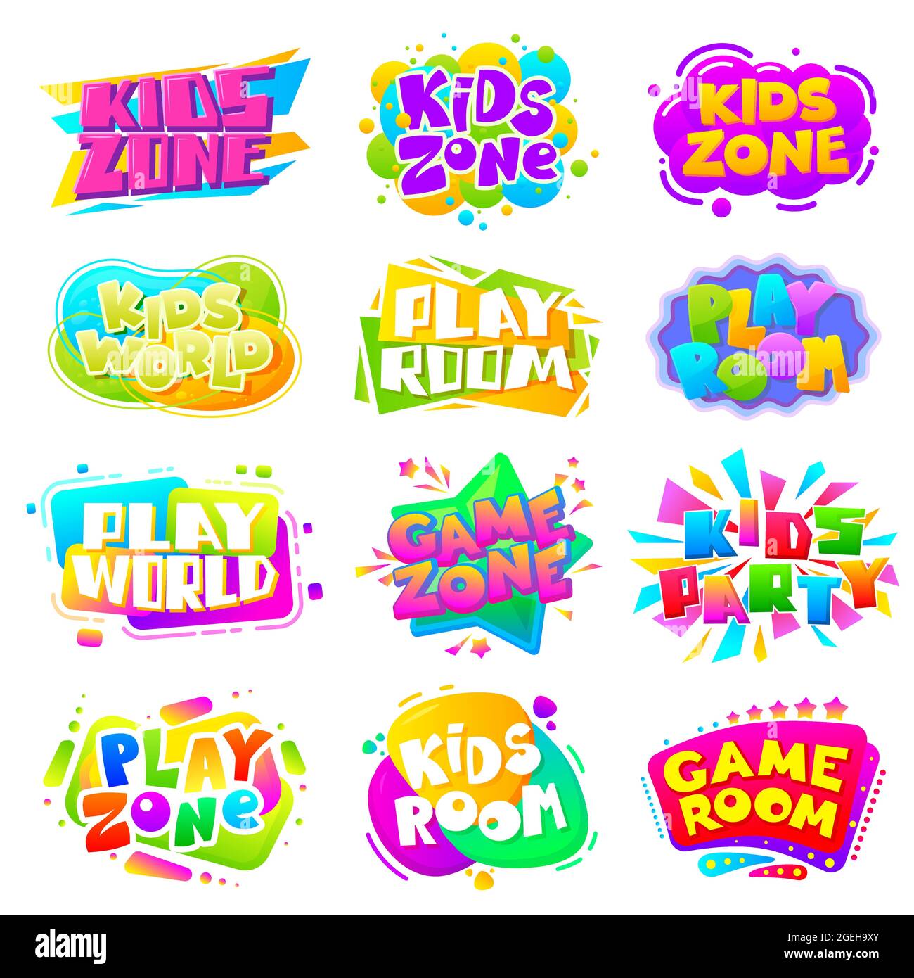 Kinderzonenbeschriftungen. Fun Kid Spiel Logo, Sport Party Gaming Zeichen. Spielzimmer Kinder Unterhaltung Banner, Spielplatz Texting Aufkleber Vektor-Set Stock Vektor