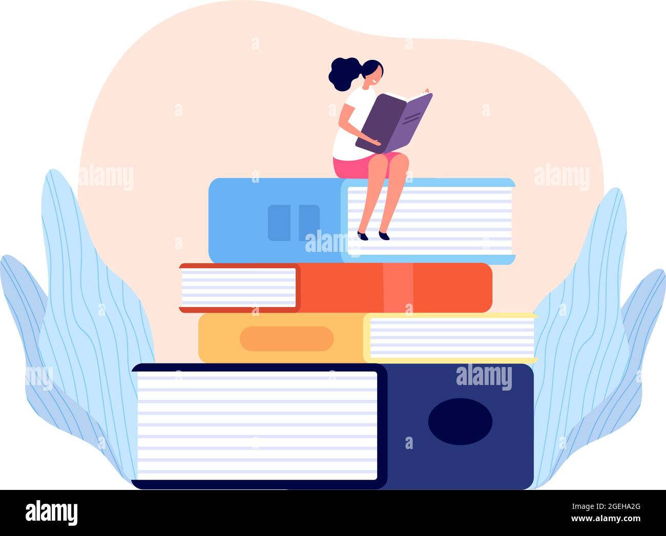 Mädchen liest Buch. Draußen lernen, weibliche lesen und entspannen auf Bücher Haufen. Isolierter Student, Person Studie in der Bibliothek College Vektor-Konzept Stock Vektor
