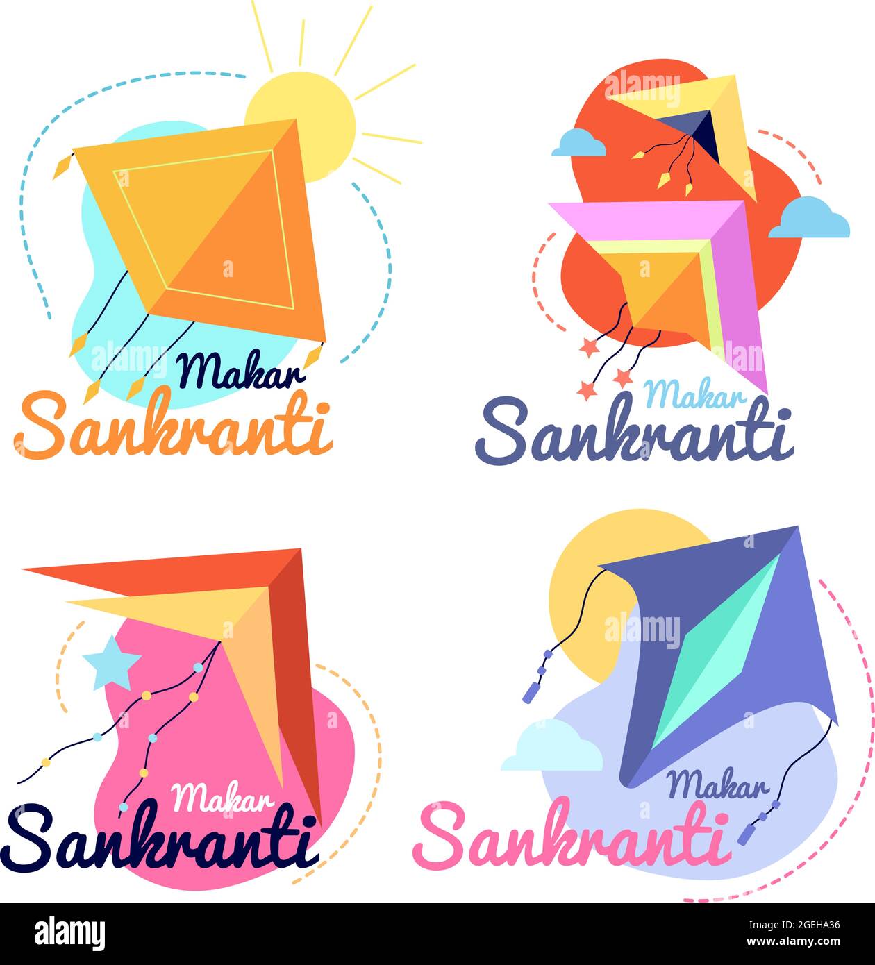 Makar sankranti Festival. Promotion Label, indianer pongal fest Banner mit bunten fliegenden Drachen. Party feiert Aufkleber Utter Vektor-Set Stock Vektor