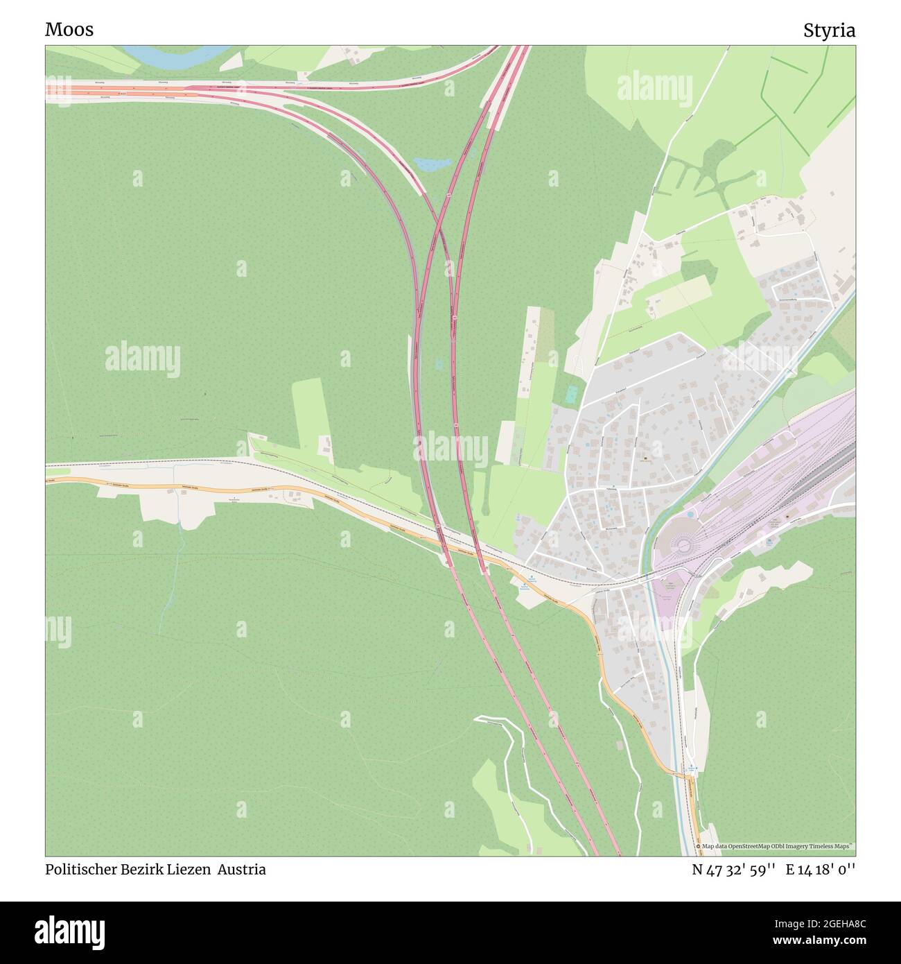 Moos, politischer Bezirk Liezen, Österreich, Steiermark, N 47 32' 59'', E 14 18' 0'', map, Timeless Map veröffentlicht im Jahr 2021. Reisende, Entdecker und Abenteurer wie Florence Nightingale, David Livingstone, Ernest Shackleton, Lewis and Clark und Sherlock Holmes haben sich bei der Planung von Reisen zu den entlegensten Ecken der Welt auf Karten verlassen.Timeless Maps kartiert die meisten Orte auf der Welt und zeigt die Verwirklichung großer Träume Stockfoto