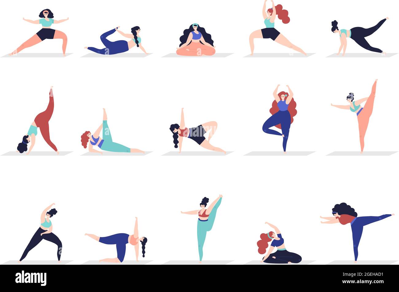 Yoga-Figuren. Menschen üben, Erwachsene Frau Demonstration Stretching  Posen. Weibliche Asana meditierende, aktive anständige Mädchen  Workout-Vektor-Set Stock-Vektorgrafik - Alamy