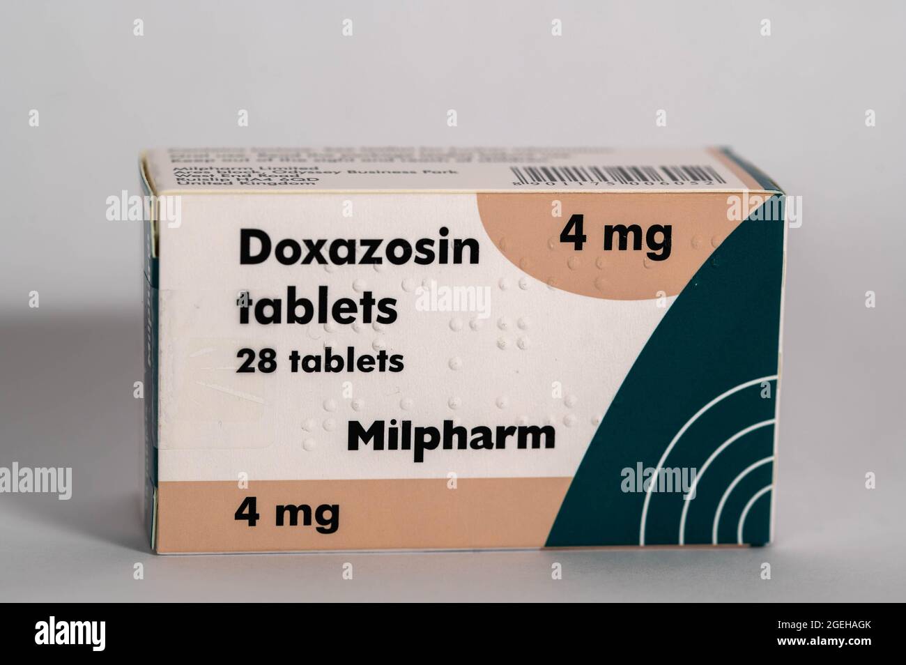 Abbildung einer Schachtel mit 4mg Doxazosin-Tabletten Stockfoto