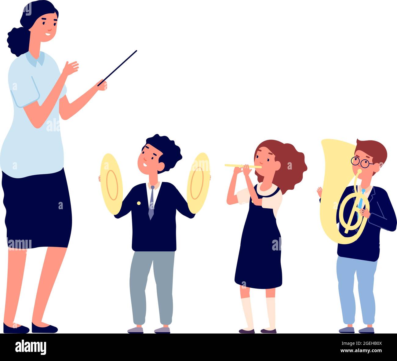 Kinder Musiker. Kinderorchester, Musikunterricht. Lehrer Dirigent oder Kapellmeister des Jungen Mädchen mit Musikinstrumenten Vektor-Illustration Stock Vektor