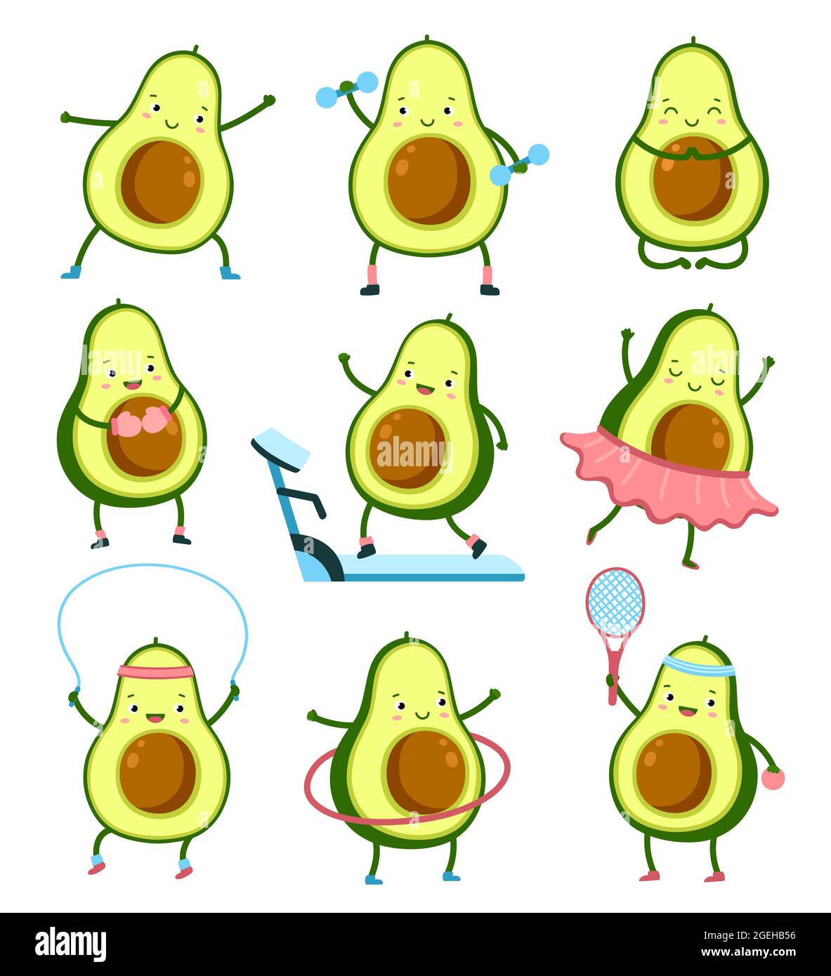 Avocado-Sportfiguren. Gym Training, gesunde Cartoon nette Athleten. Tropical Food Obst Training, Tennis spielen dabei Yoga Exact Vektor-Set Stock Vektor