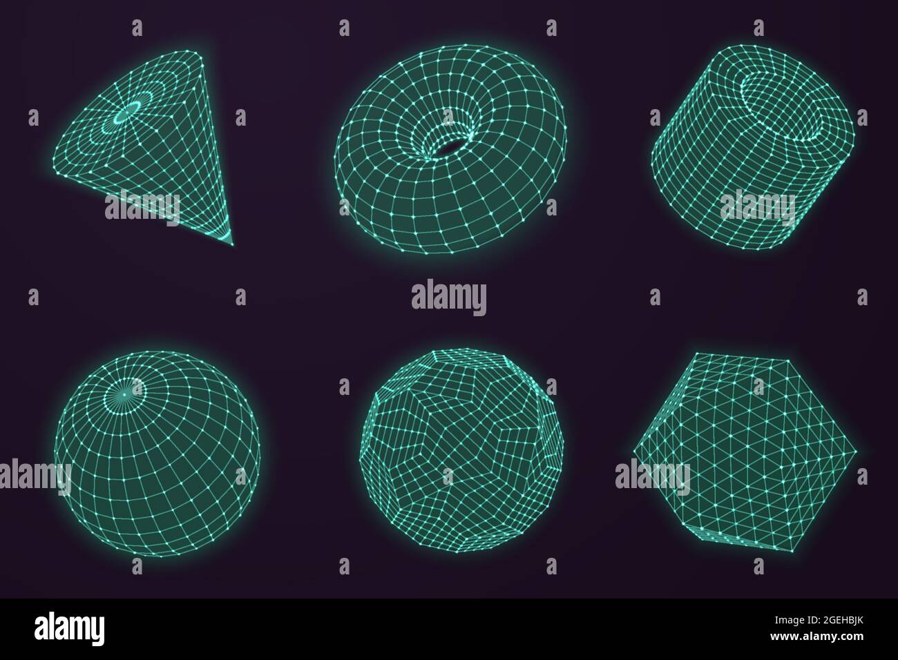 Verbundene Linien Kugeln. Globenverbindungen, wissenschaftliche abstrakte Gitterformen. Futuristisches 3d-Drahtmodell Punkte Polygonstrukturen Vektorset Stock Vektor