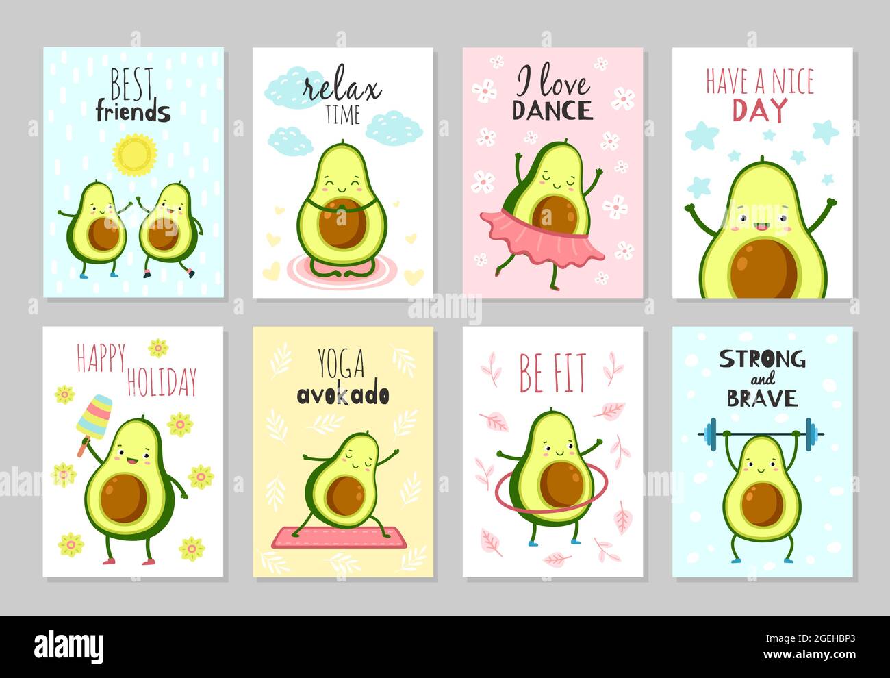 Cartoon Avocado Karten. Niedliche gesunde Lebensmittel, Baby-Party Spaß Flyer. Positive Inspirationen Text, grüne Zeichen Kinder Banner genaue Vektor-Set Stock Vektor