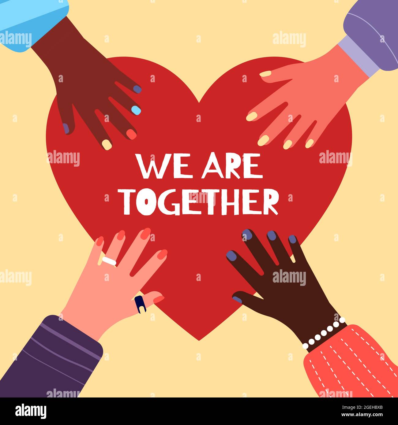 Konzept „Together“. Nächstenliebe, multikulturelle Freundschaft Metapher. Mehrfarbige Hände von internationalen Menschen, die ein großes rotes Herz halten Stock Vektor