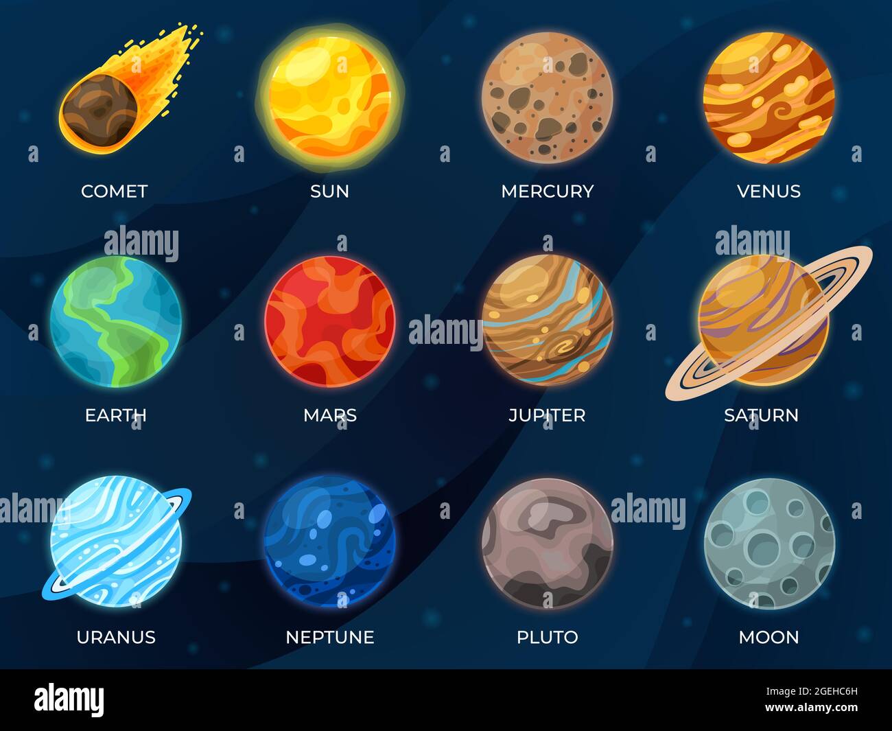 Planeten des Sonnensystems. Astronomie Wissenschaft, Galaxie Sonnenkreis. Cartoon Mond Erde venus-Aesteroid, Kosmos oder Universum jüngsten Vektor-Sammlung Stock Vektor