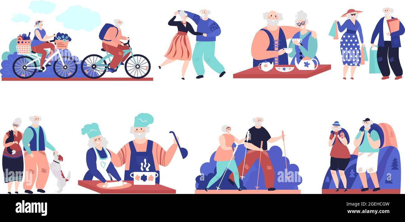Ältere Charaktere. Aktivitäten für alte Menschen, Cartoon Senioren Camping Wandern. Großeltern Lifestyle, Familie trinken Tee, Fahrrad fahren Vektor-Set Stock Vektor