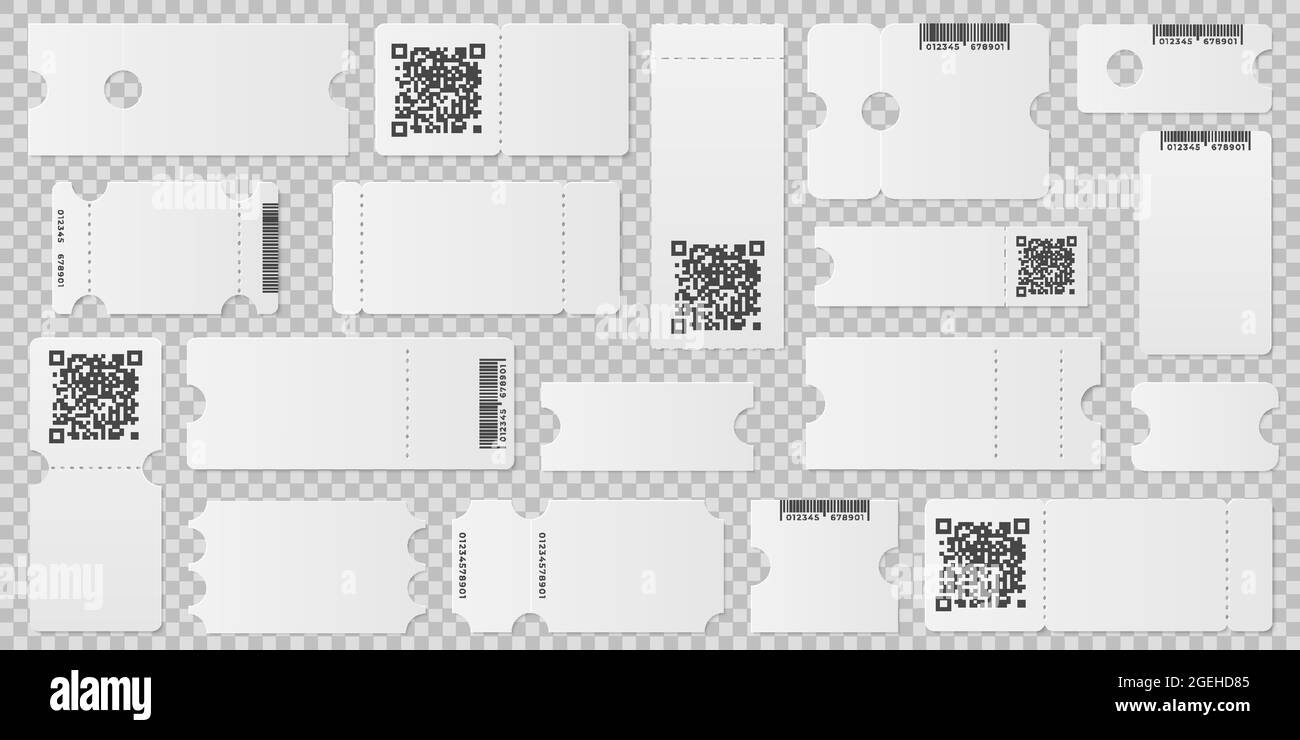 Leere Ticket-Vorlage. Event-Gutschein, Etikettenlayout mit qr-Code. Leeres Flugzeug Pass oder festliche Flyer, Lotteriepapier Mockup jüngsten Vektor-Set Stock Vektor