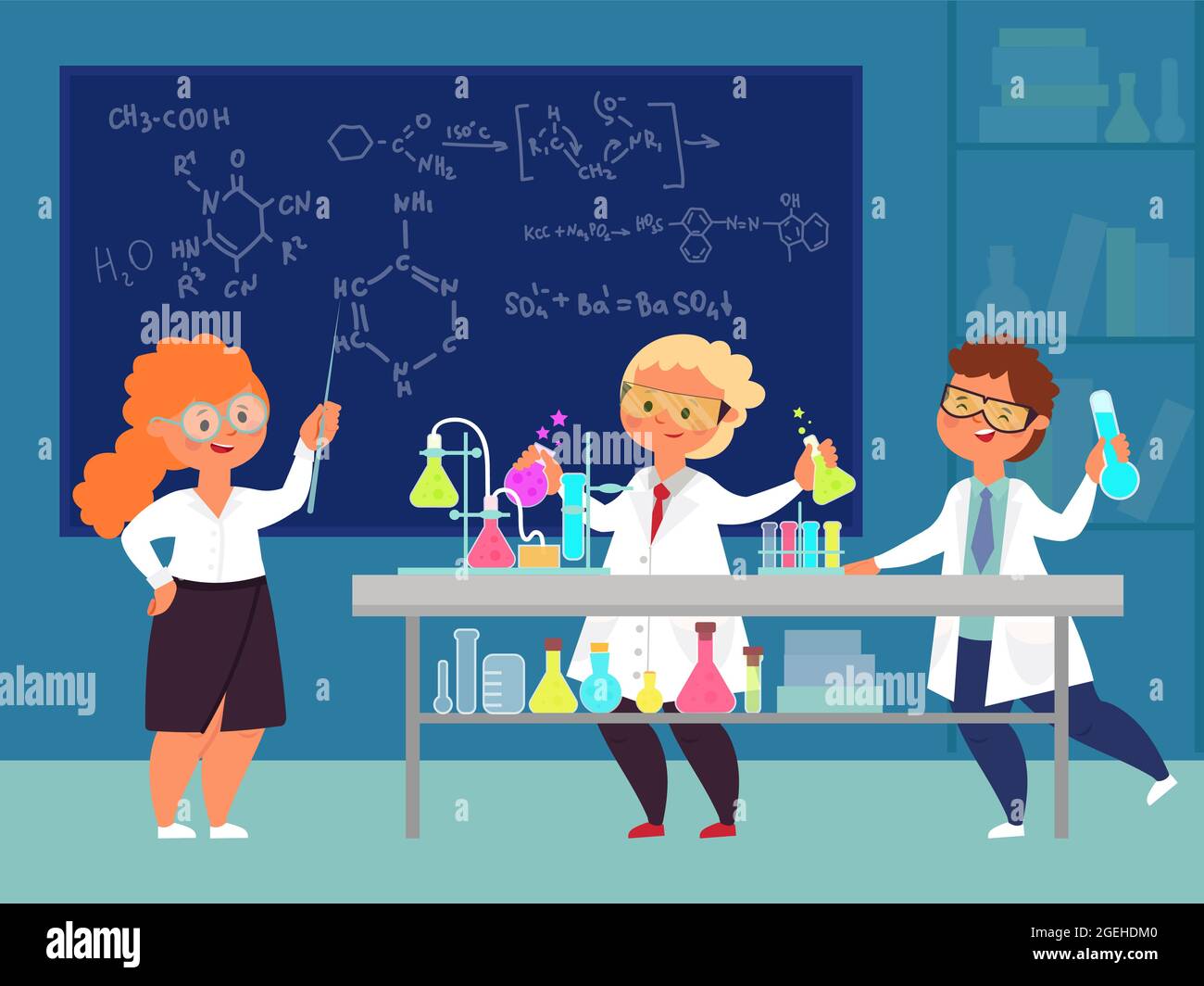 Chemie-Klasse. Wissenschaftliche Studien, Kinder lernen oder lehren in der Schule. Neues Wissen, Sicherheit in der Wissenschaft menschenwürdige Erfahrung Vektor-Konzept Stock Vektor