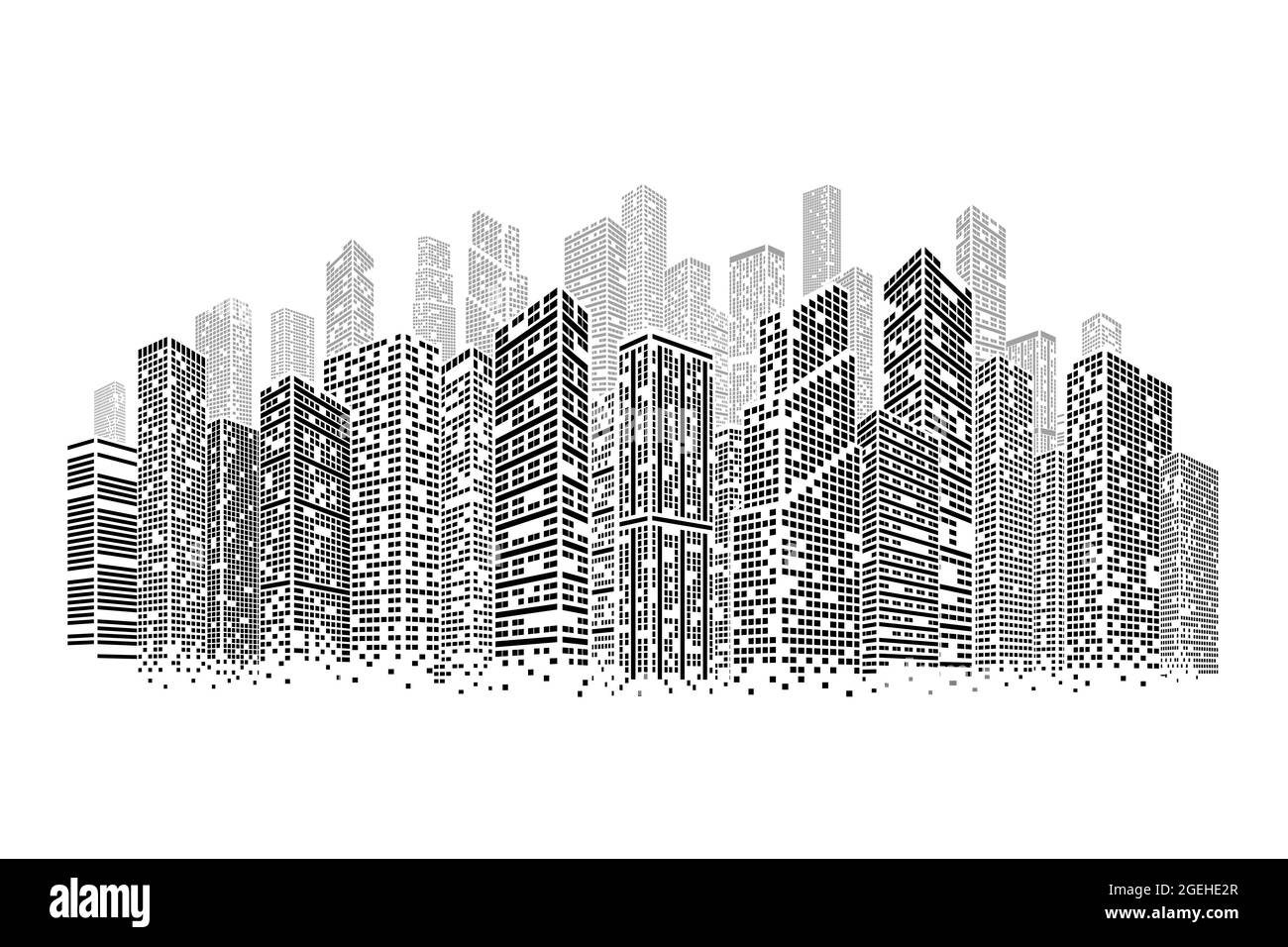 Dots-Gebäude. Abgelegene Architekturstadt, quadratisches Stadtbild auf Skyline. Moderne Konstruktion, umreißen Business Türme jüngsten Vektor-Konzept Stock Vektor