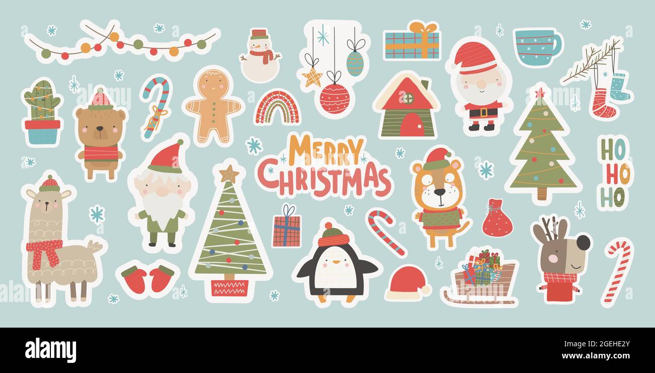 Christmas Sticker die Kollektion in einem niedlichen Stil mit traditionellen Elementen von Weihnachten und Neujahr Vektor Illustration Stock Vektor