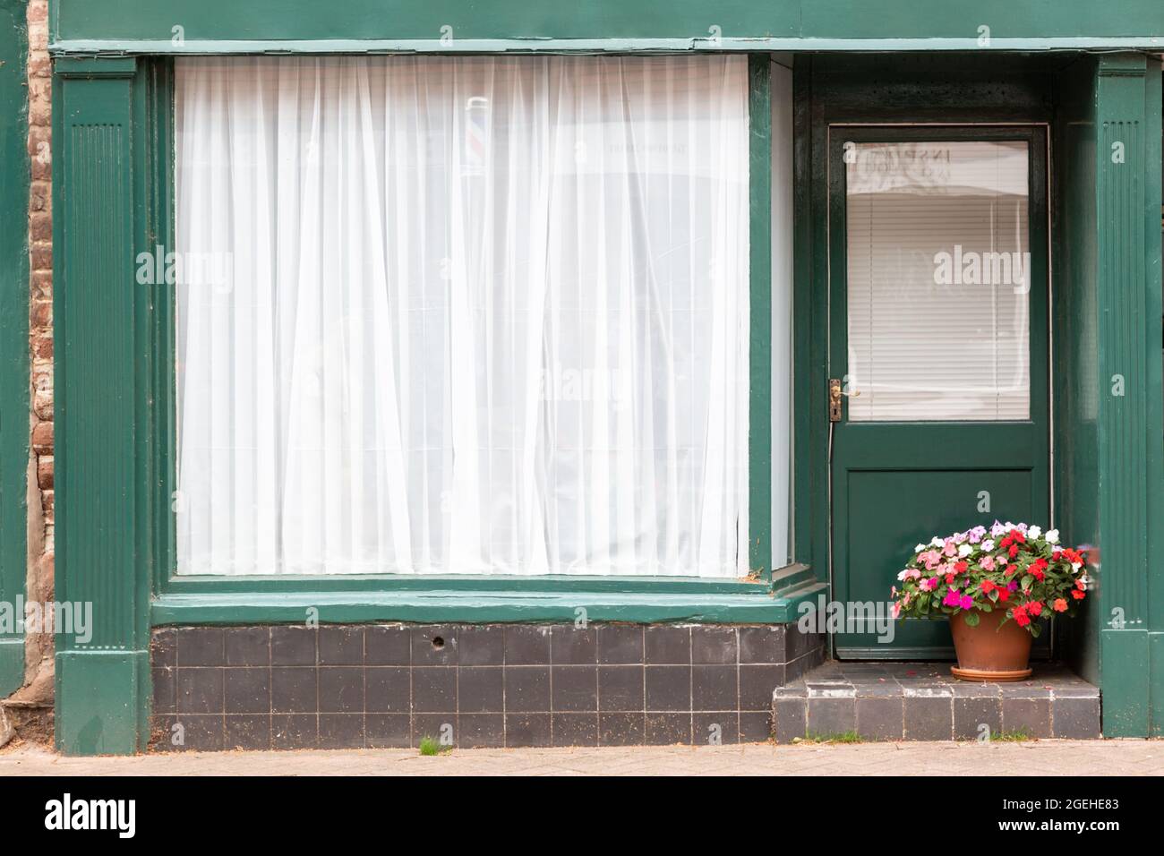 Einfarbige Schaufenstern mit Netzvorhängen und Blumen, UK 2021 Stockfoto