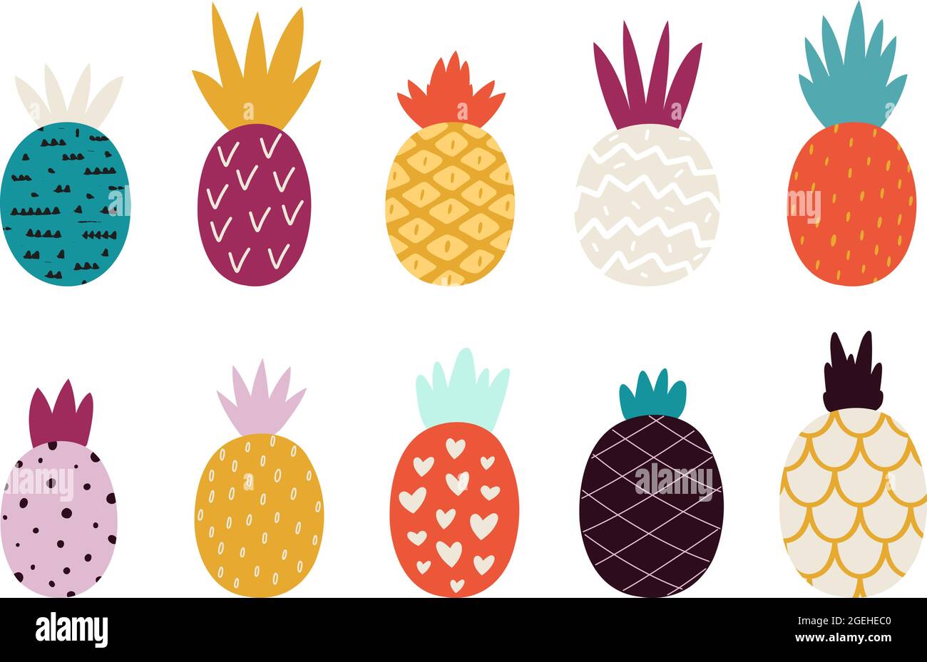 Doodle abstrakte Ananas. Farbenfrohe Ananas, trendiges Obst-Print. Frische strukturierte exotische Lebensmittelzeichnung, isolierte dekorative pflanzen im skandinavischen Stil Stock Vektor