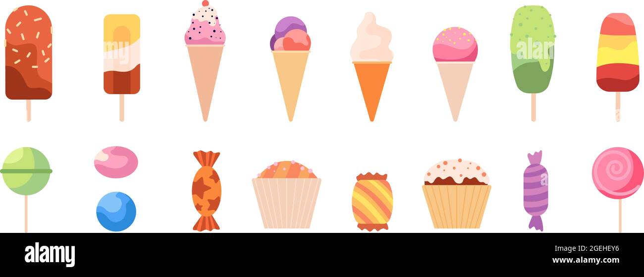 Süße Lutscher. Dessert Süßigkeiten, Süßigkeiten Eis Cupcakes. Süßwaren Lebensmittel, Cartoon flach lecker Kinder Geschenke Utter Vektor-Sammlung Stock Vektor