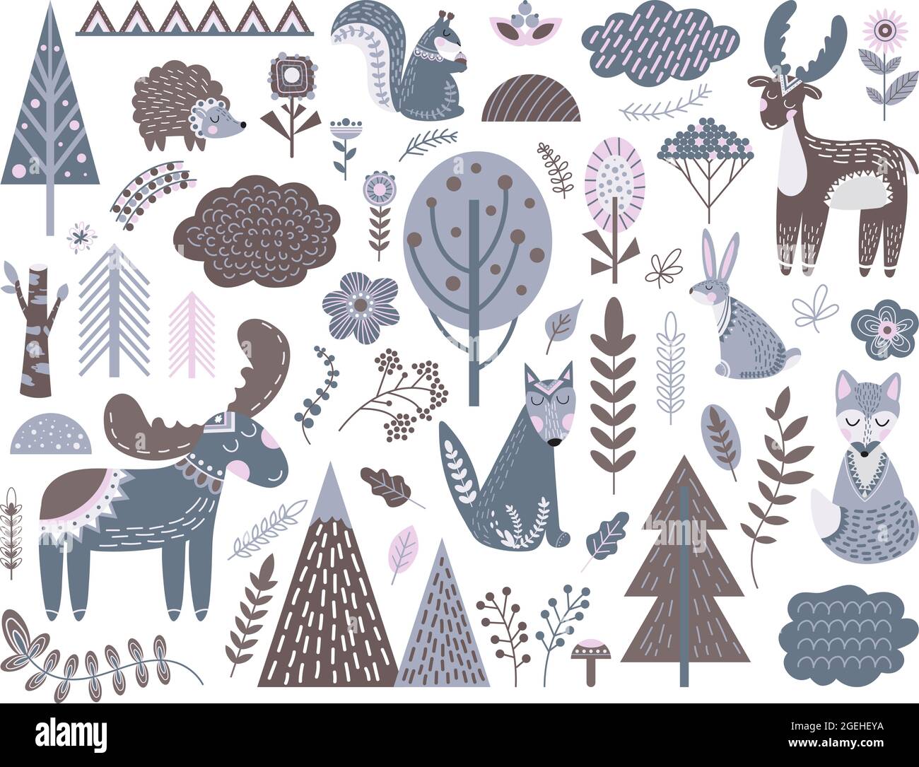 Skandinavischer Wald. Mode nordische Grafik, niedliche Tiere florale Elemente. Baby schwedischen modernen Baum Blätter Zweig Hirsch Wolf anständigen Vektor-Set Stock Vektor