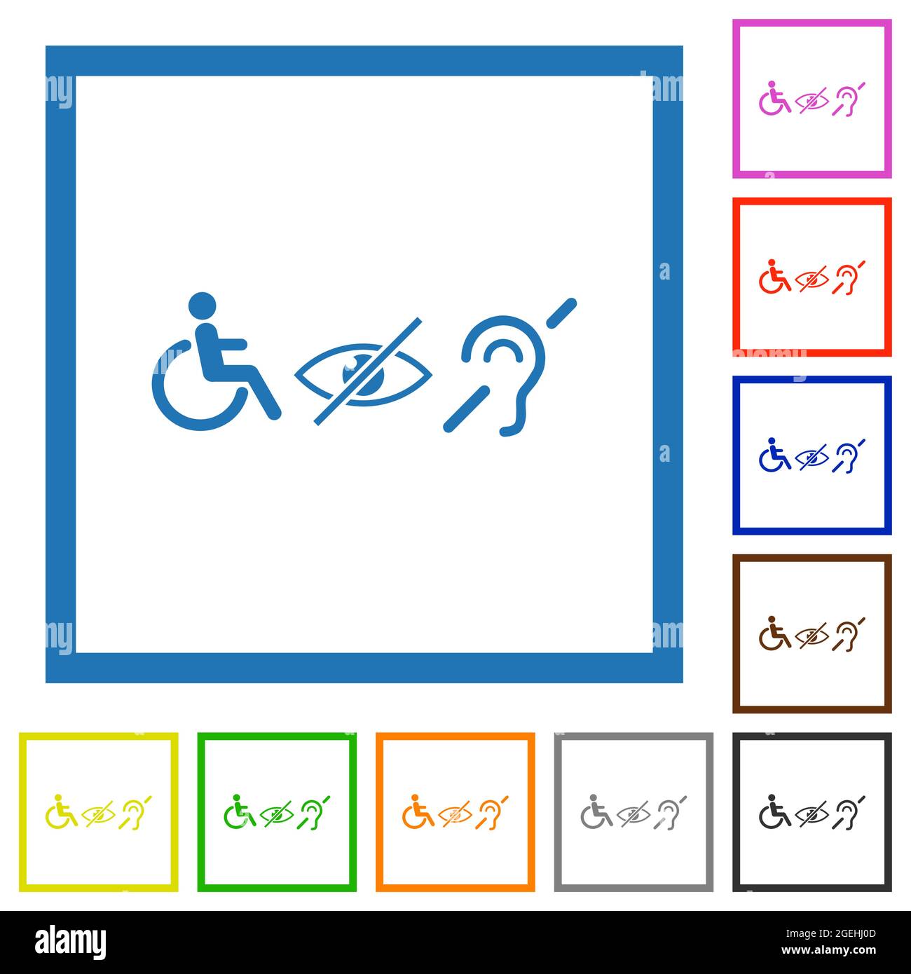Behindertensymbole flache Farbsymbole in quadratischen Rahmen auf weißem Hintergrund Stock Vektor