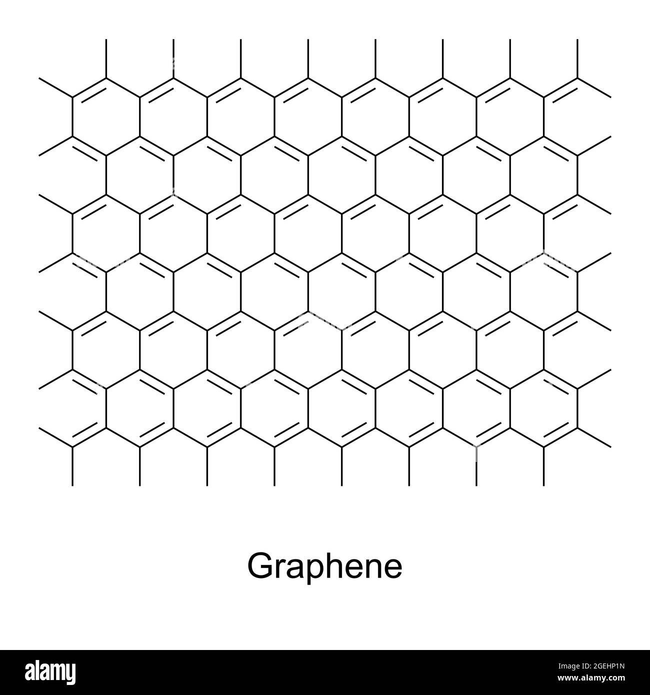 Graphen, chemische Formel und Struktur. Ein Allotrope aus Kohlenstoff, bestehend aus einer einzigen Schicht von Kohlenstoffatomen, angeordnet in einem sechseckigen Gitter. Stockfoto