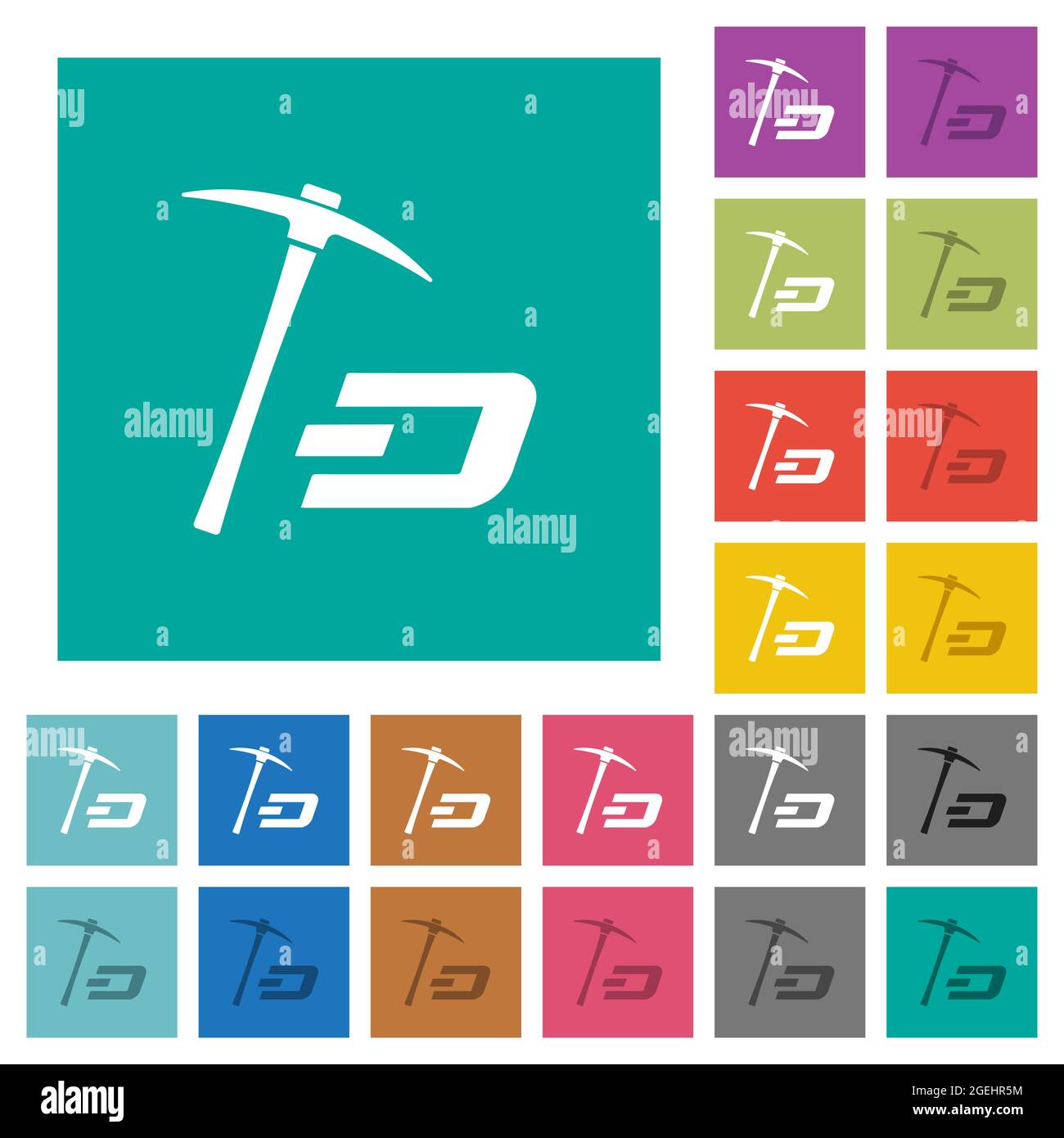 Dash Kryptowährungs-Mining mit mehrfarbigen flachen Symbolen auf schlichten quadratischen Hintergründen. Weiße und dunklere Symbolvarianten für schweben oder enthalten Stock Vektor