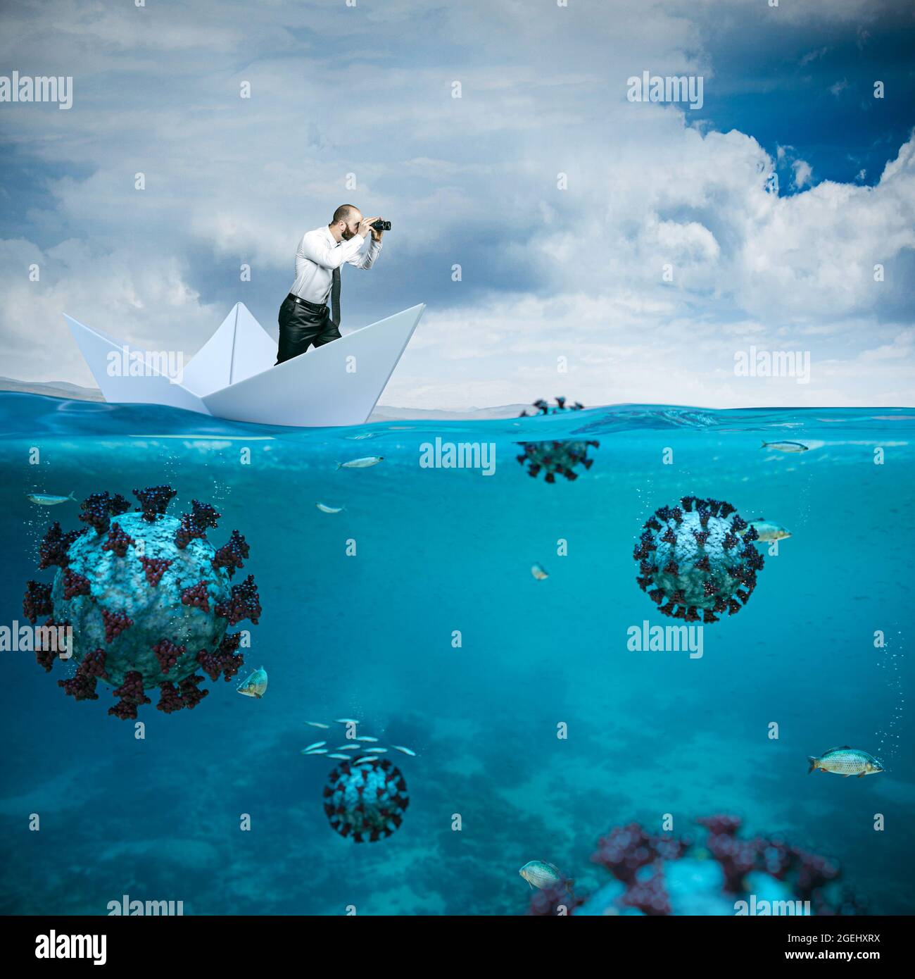 Mann mit Fernglas auf Papierboot. Covid Virus versteckt unter dem Meer. Gesundheitsrisiko Konzept. Unsicherheit Stockfoto