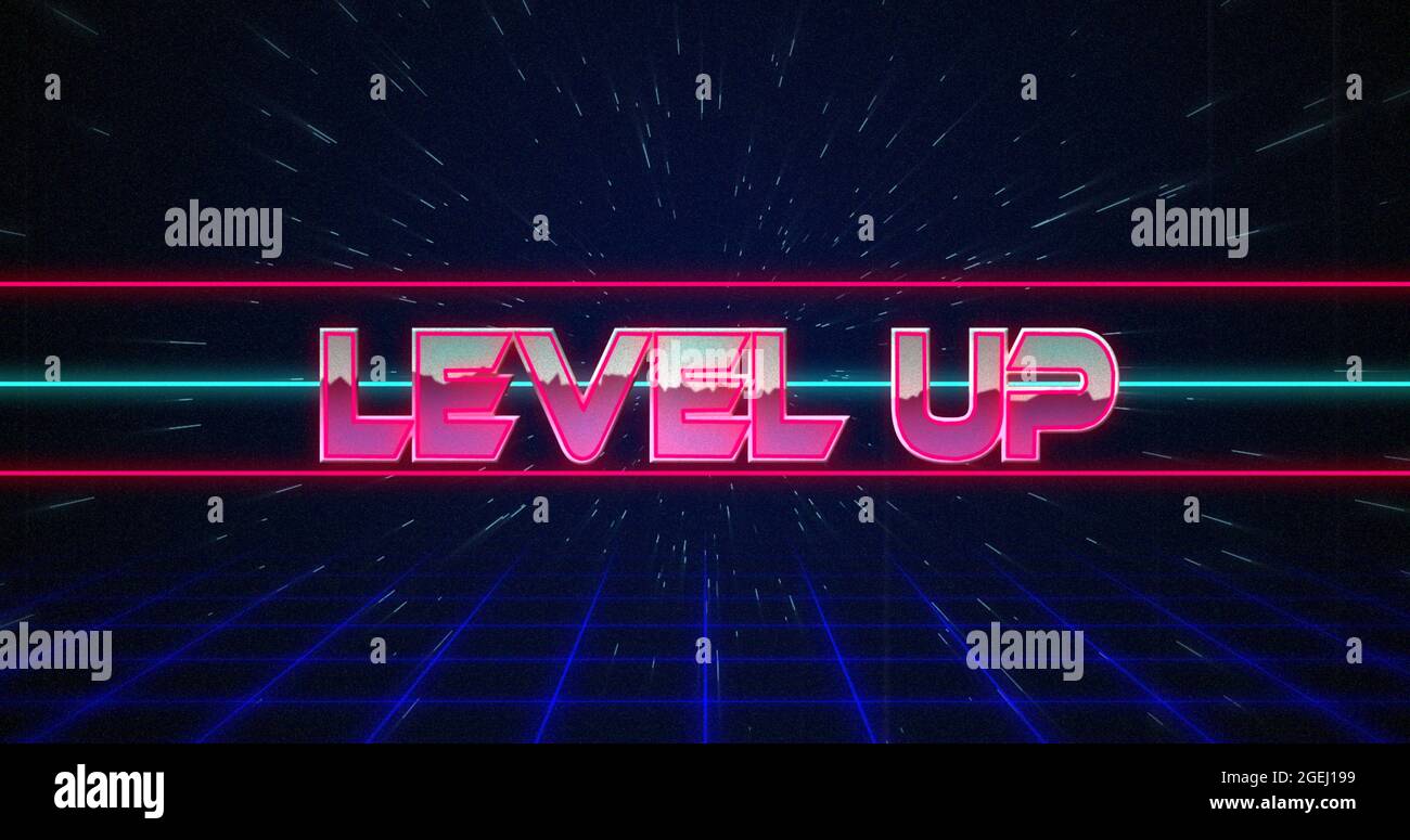 Retro Level Up Text glitching over blue and Red lines 4k Stockfoto