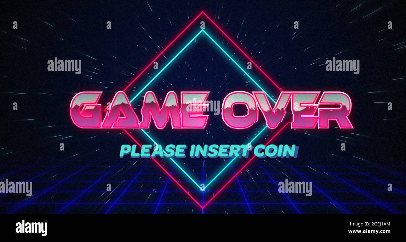Retro Game over Text glitching over blue and Red Squares on white Hyperspace effect Stockfoto