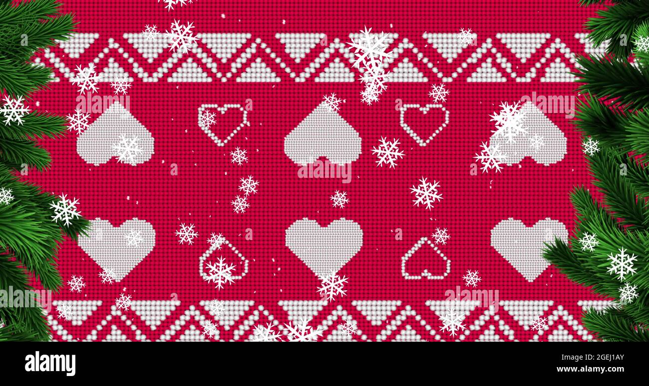 Digitales Bild von Schneeflocken fallen über rote weihnachten traditionelle Muster Stockfoto