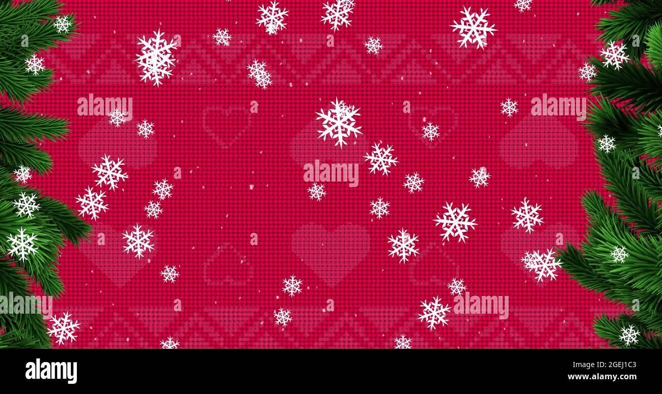 Digitales Bild von Schneeflocken fallen über rote weihnachten traditionelle Muster Stockfoto